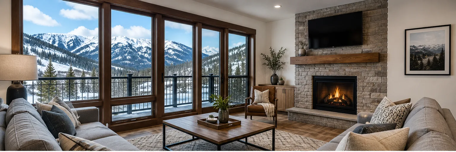 Mountain home living room in Winter Park with snowy mountain views