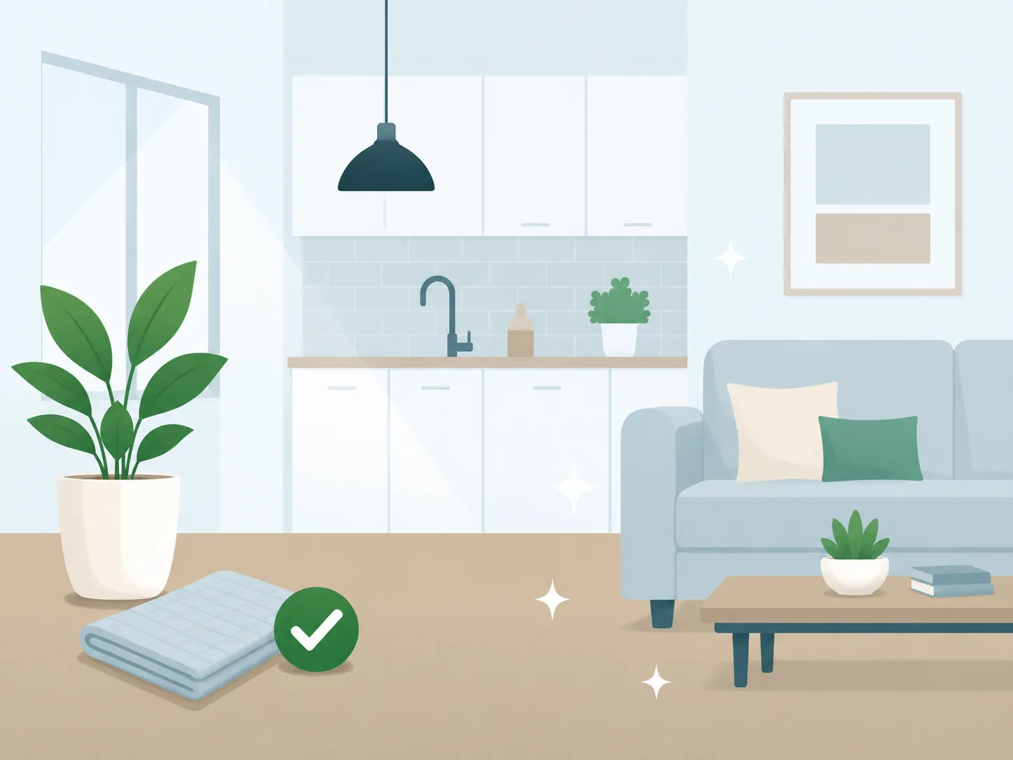 Clean residential kitchen and living space prepared for regular house cleaning